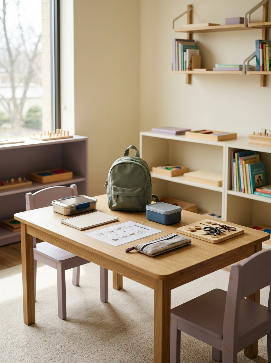 A neatly organized classroom with a wooden table, two lavender chairs, and shelves filled with books and educational materials. Items on the table include a green backpack, closed lunch containers, a notebook, a worksheet, a plaid pencil case, and some school supplies. sunlight streams through a window on the left.