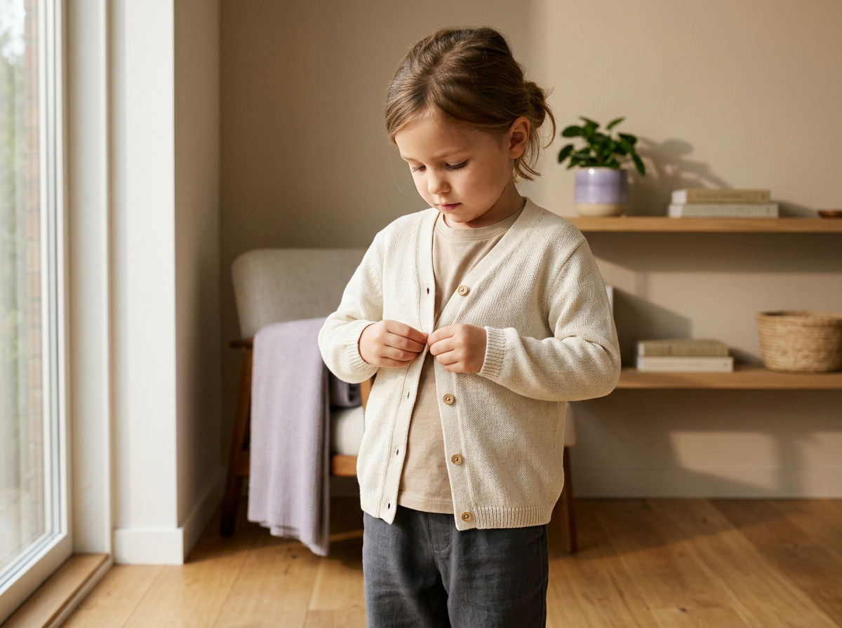 A young girl with light brown hair standing indoors, buttoning her cream-colored cardigan, in a cozy room with wooden flooring, a couch, and a shelf with books and a potted plant.
