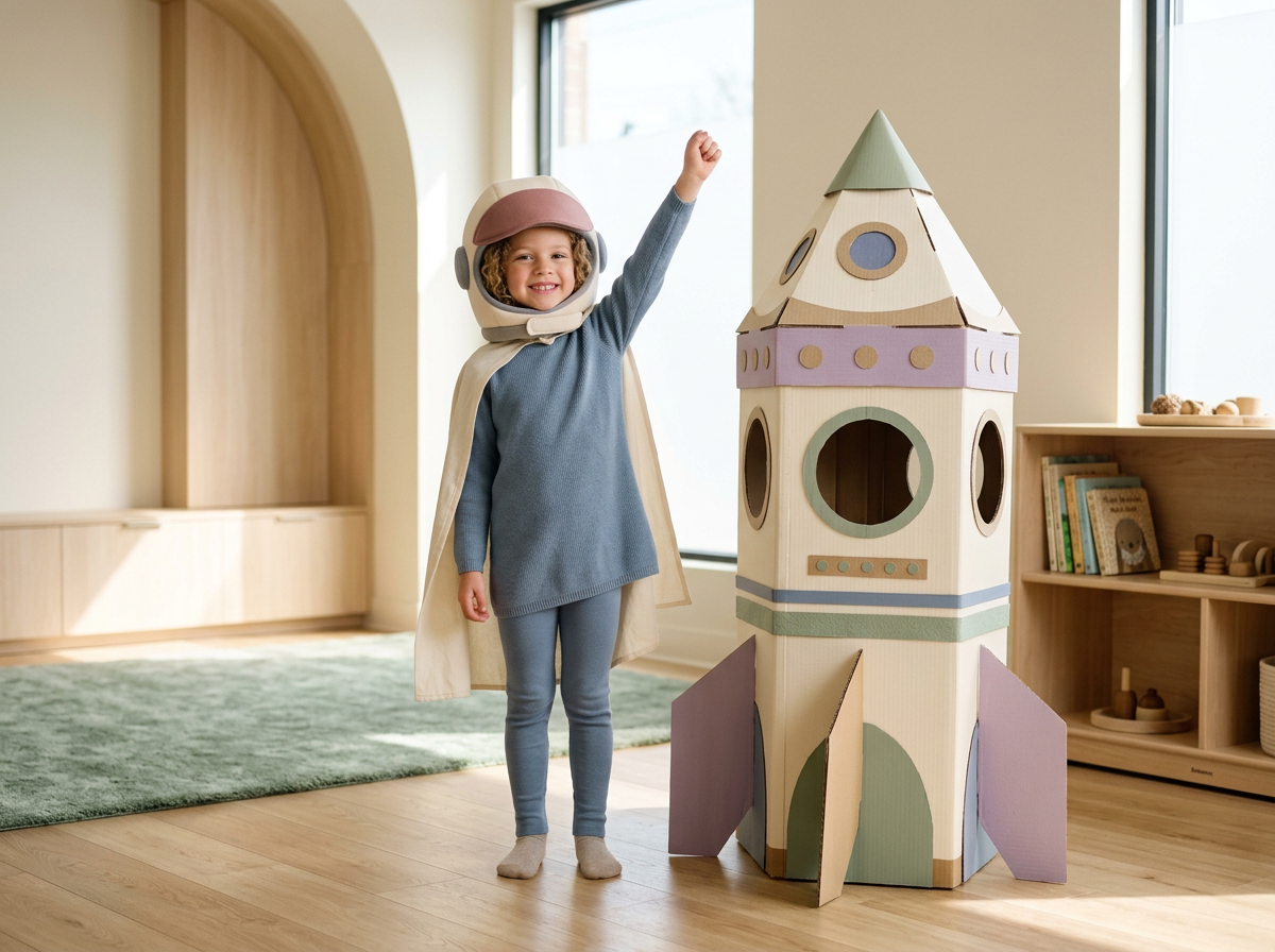 A young girl dressed as an astronaut with a helmet, cape, and pajamas, standing indoors next to a large cardboard rocket ship, raising her arm in a victorious pose, smiling.