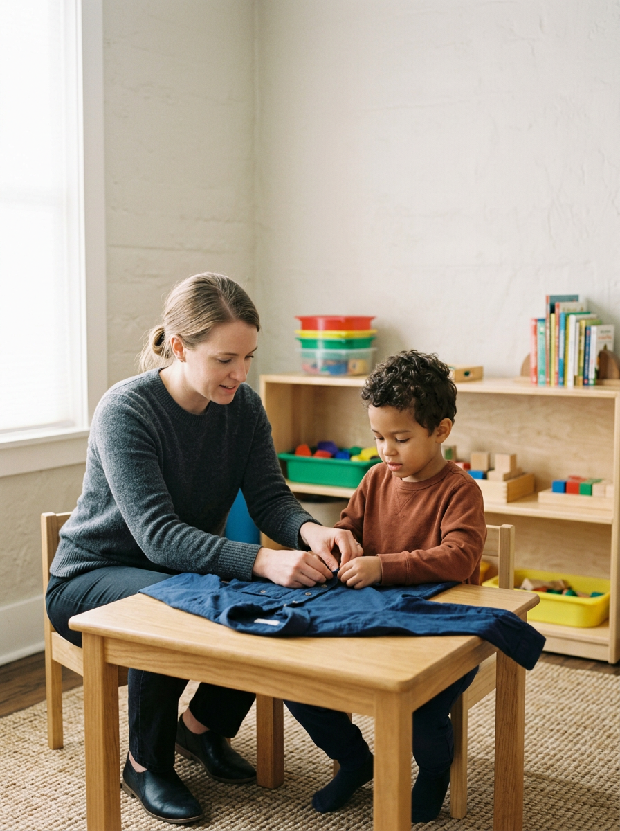 A woman helps a young boy with a task at a small wooden table in a classroom setting.
