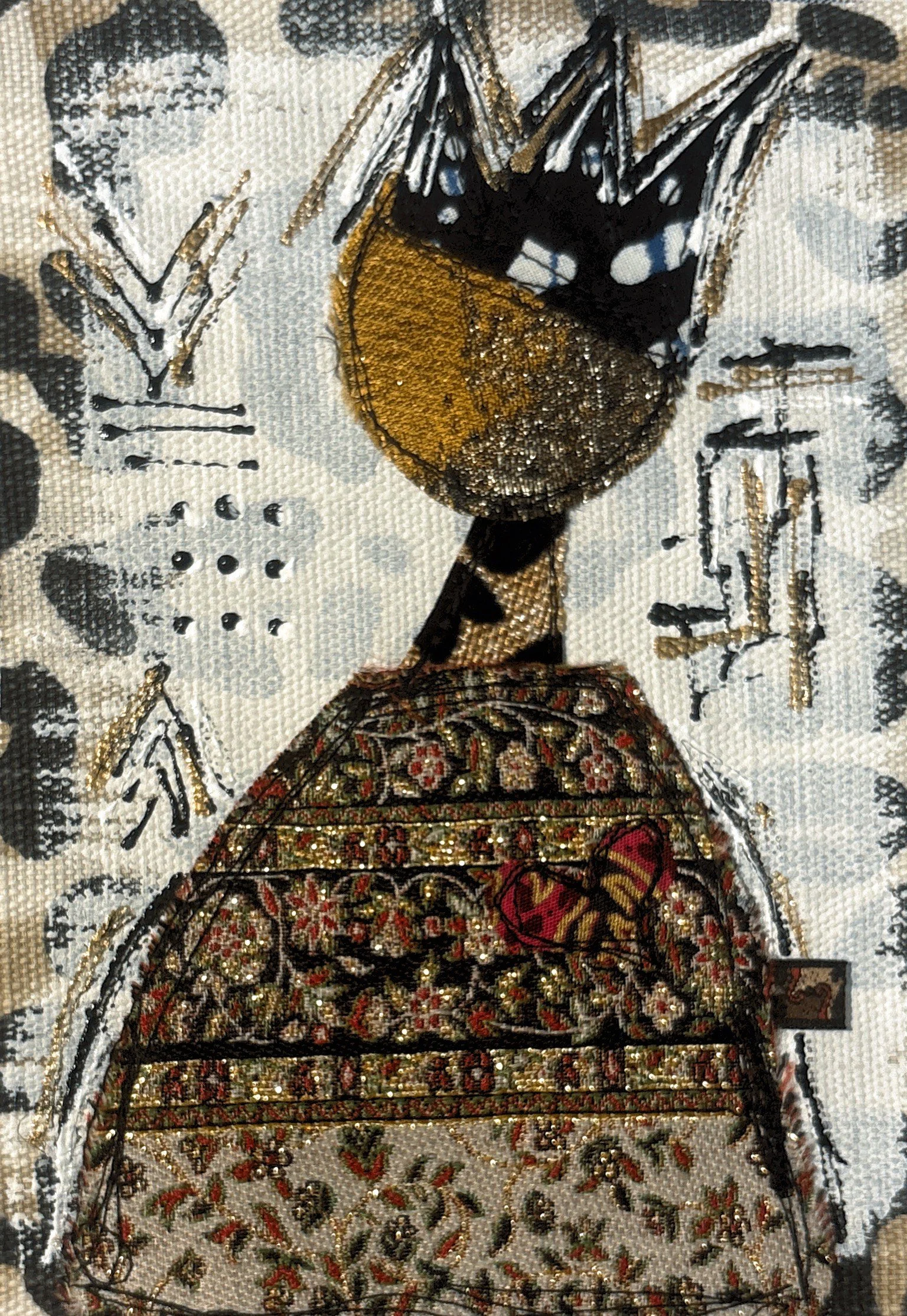 TITLE OF ARTWORK: Crown Fabric Becoming 
ARTIST’S NAME:  LaSonja Polk 
DEMENSIONS: 5”x7” 
MEDIUM: Zero Waste Fabric combo Cotton, Polyester
YEAR COMPLETED: April 2026
#00903