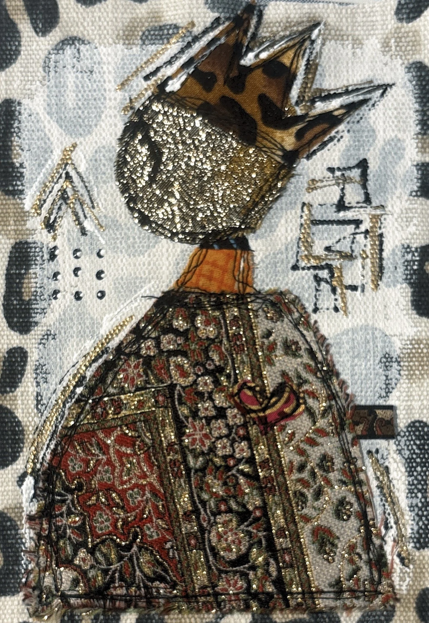 TITLE OF ARTWORK: Crown Fabric Becoming 
ARTIST’S NAME:  LaSonja Polk 
DEMENSIONS: 5”x7” 
MEDIUM: Zero Waste Fabric combo Cotton, Polyester
YEAR COMPLETED: April 2026
#00902