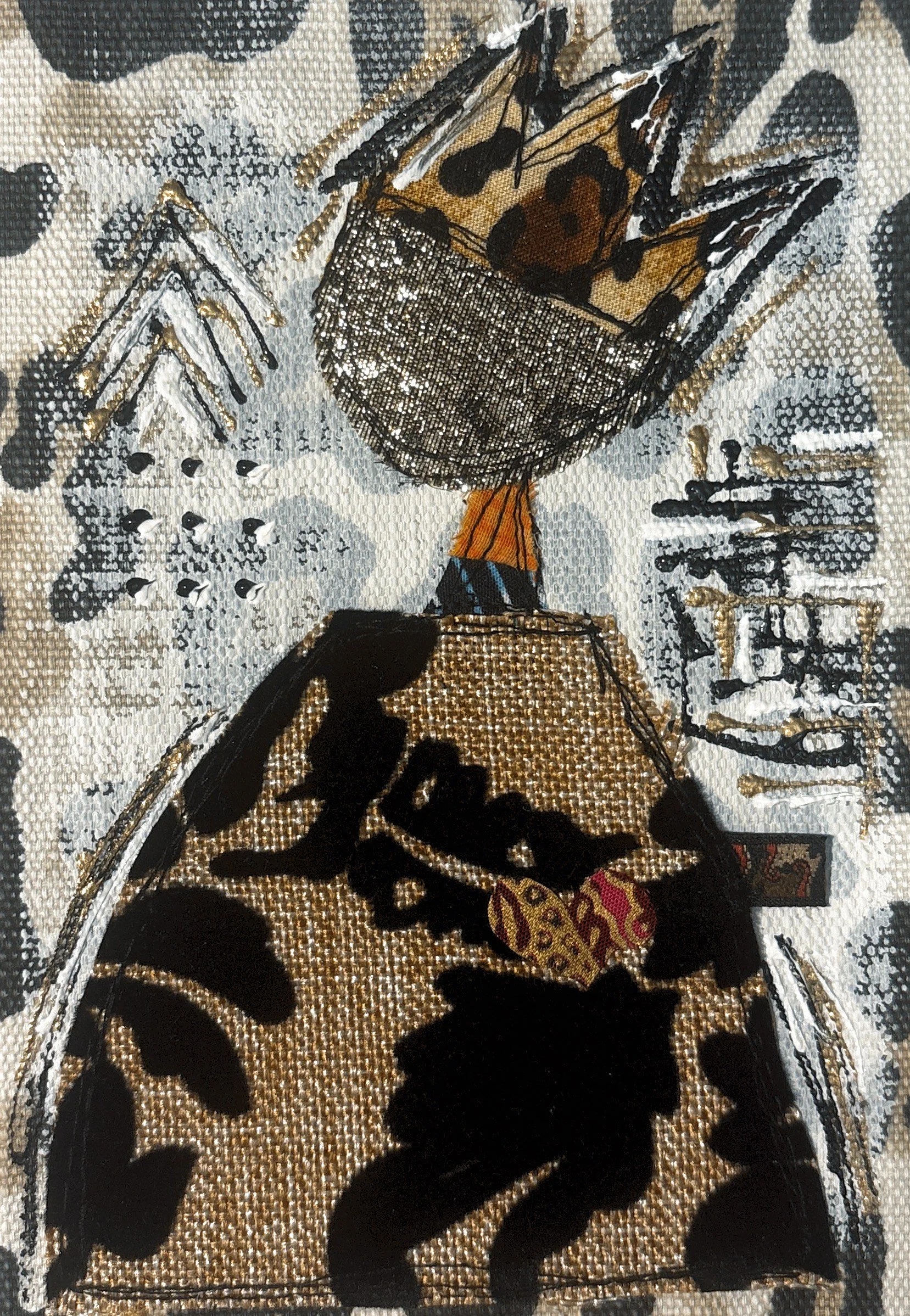 TITLE OF ARTWORK: Crown Fabric Becoming 
ARTIST’S NAME:  LaSonja Polk 
DEMENSIONS: 5”x7” 
MEDIUM: Zero Waste Fabric combo Cotton, Polyester
YEAR COMPLETED: April 2026
#00906