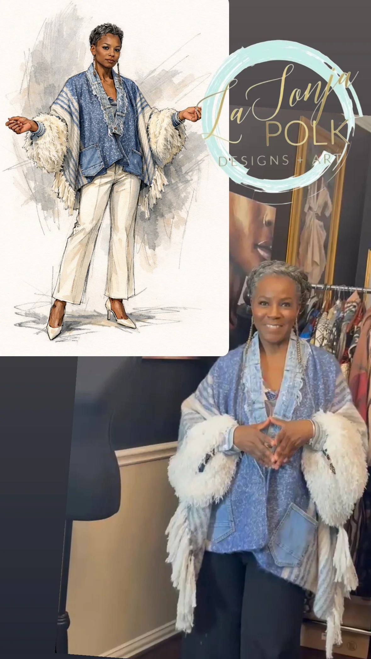 Blue Calm Fur Sleeves Sweater