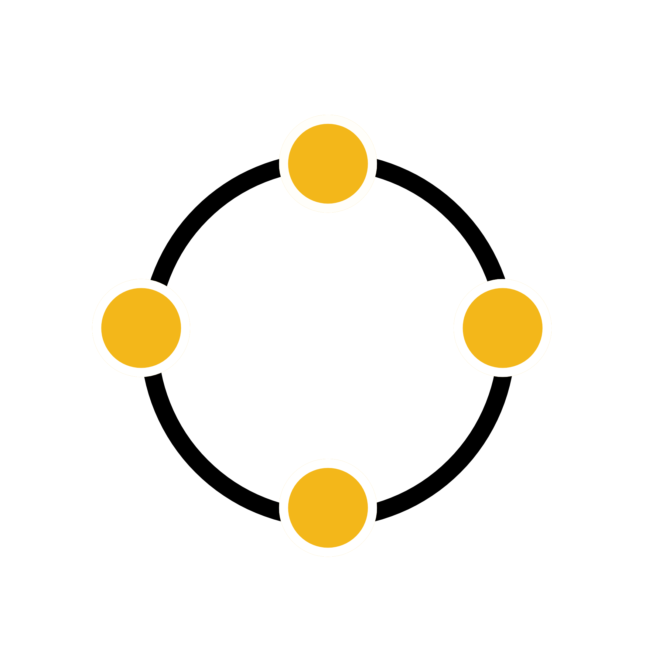 A black background with four yellow circles outlined in white arranged in a cross pattern.
