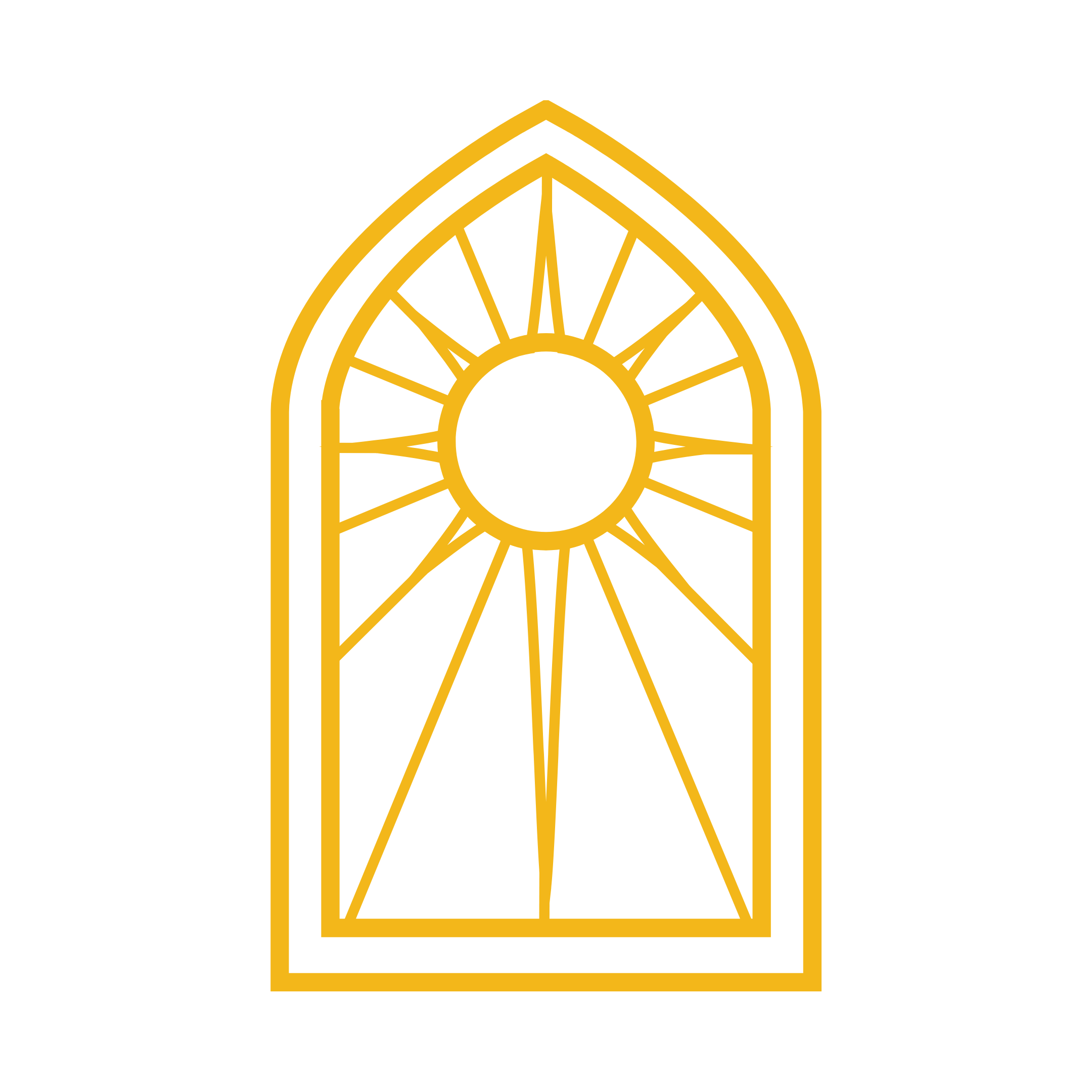 Gold outline of a stained glass window with a circular center and radiating lines on a black background.