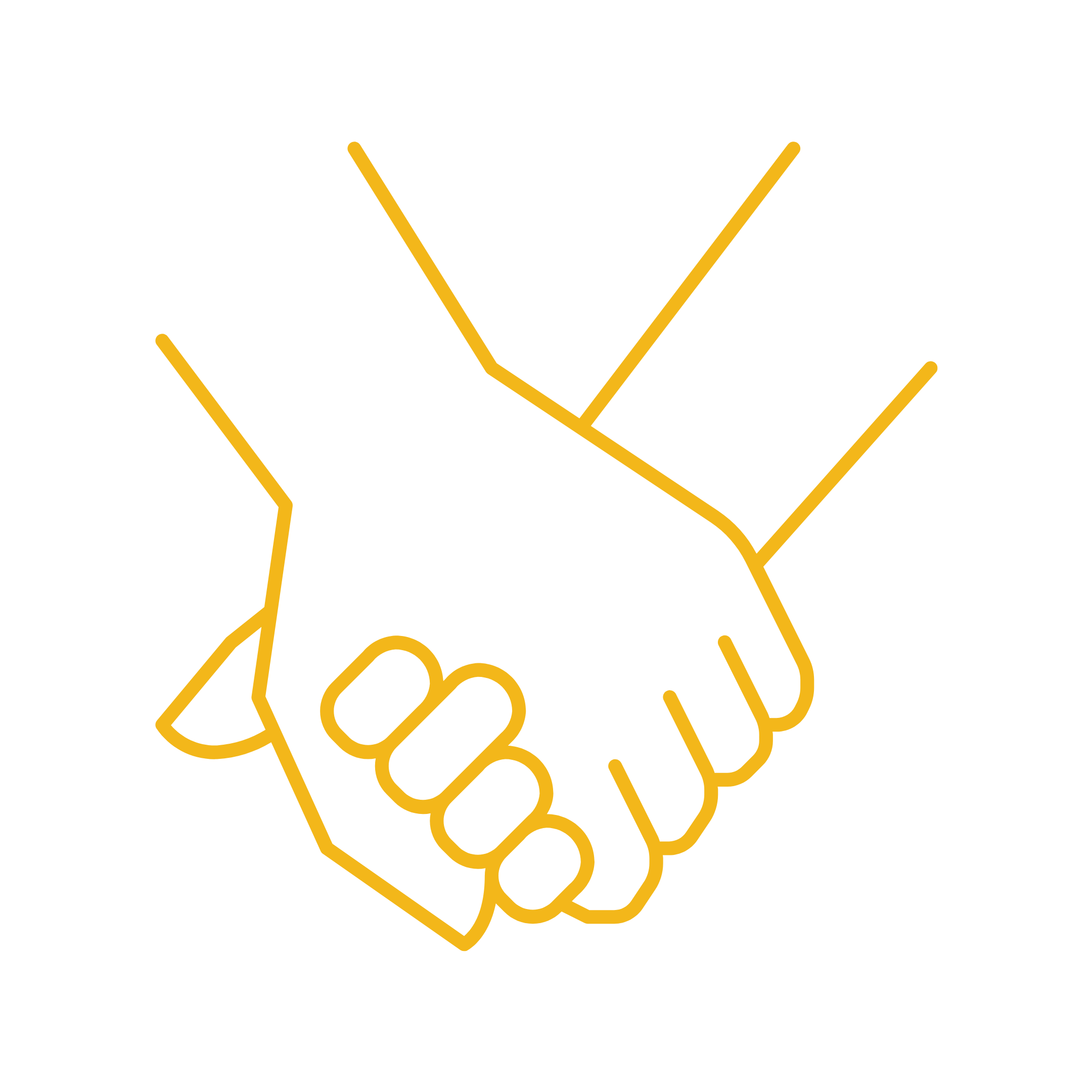 Line art of two hands shaking in gold outline on a black background.