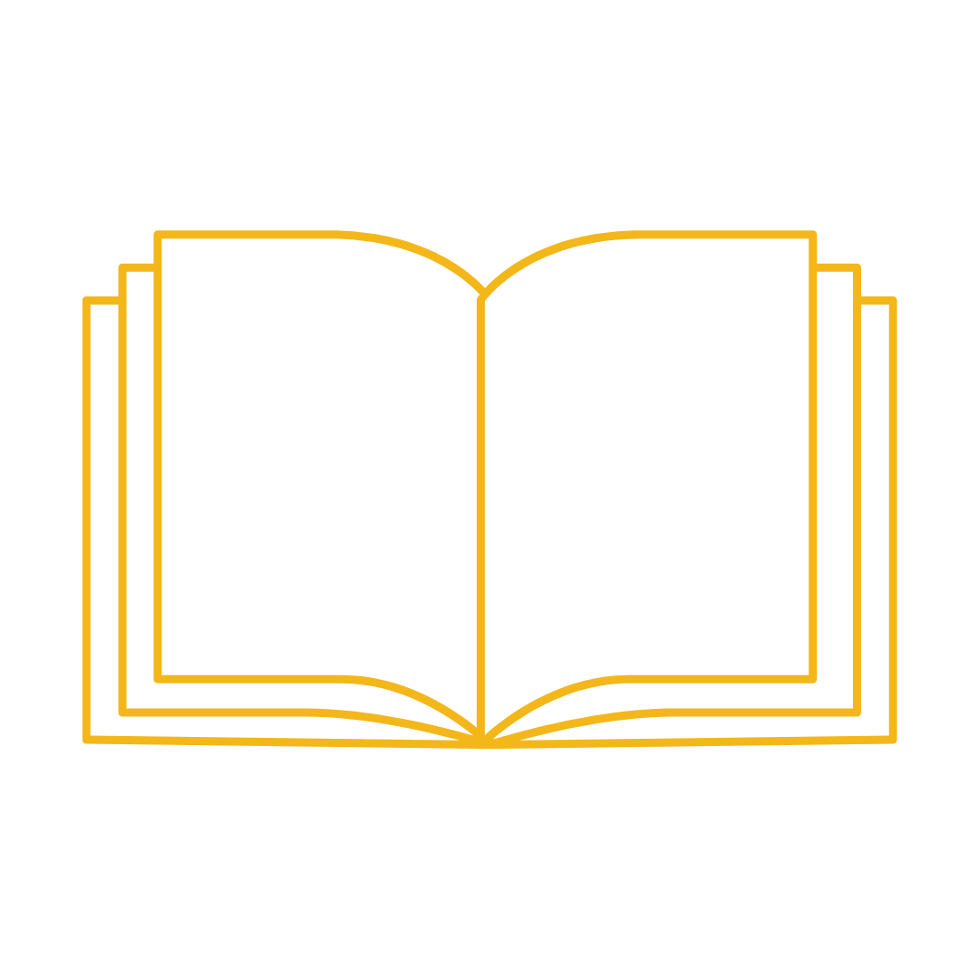 An outline of an open book with pages in gold color on a black background.