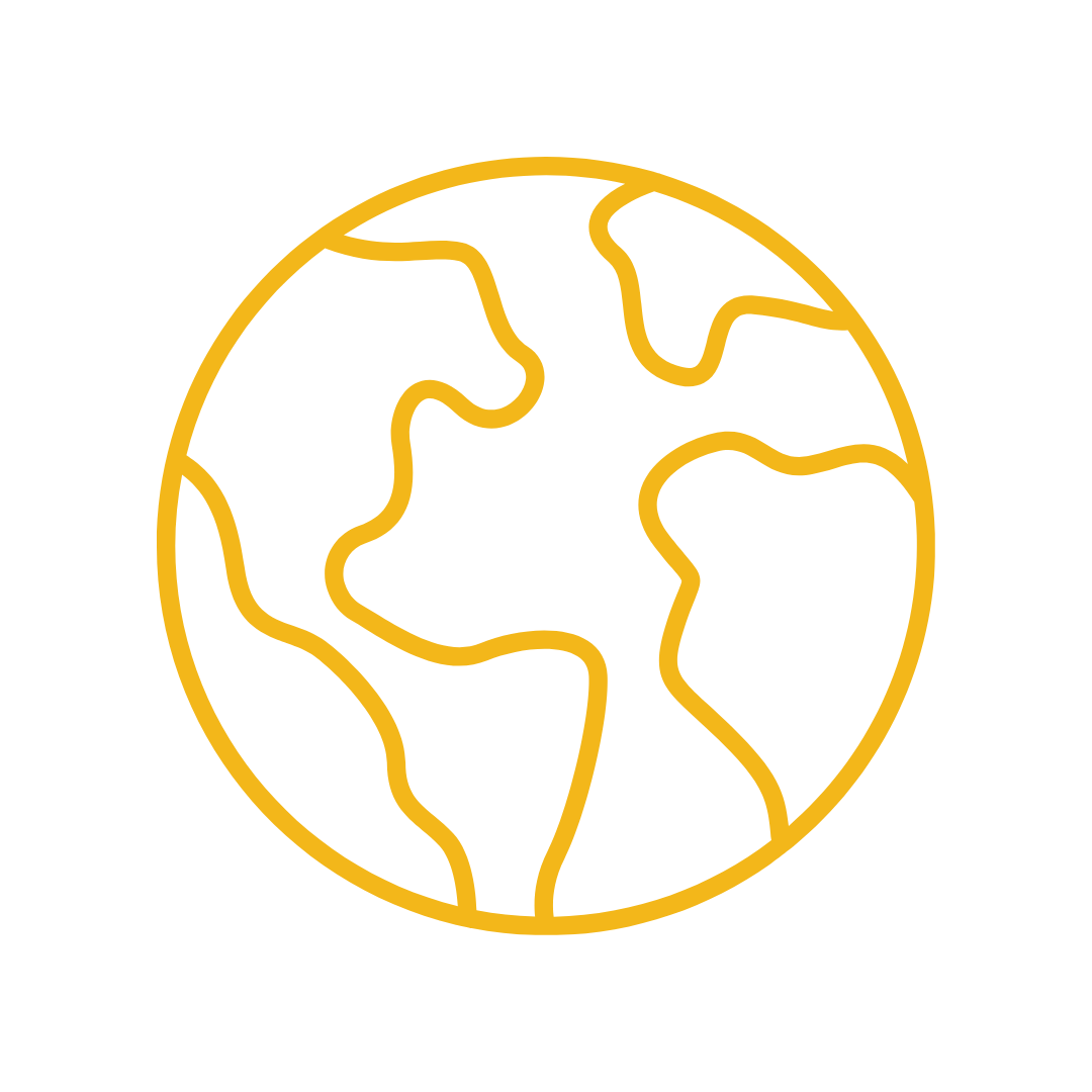 Outline of the Earth with continents in yellow on a black background.