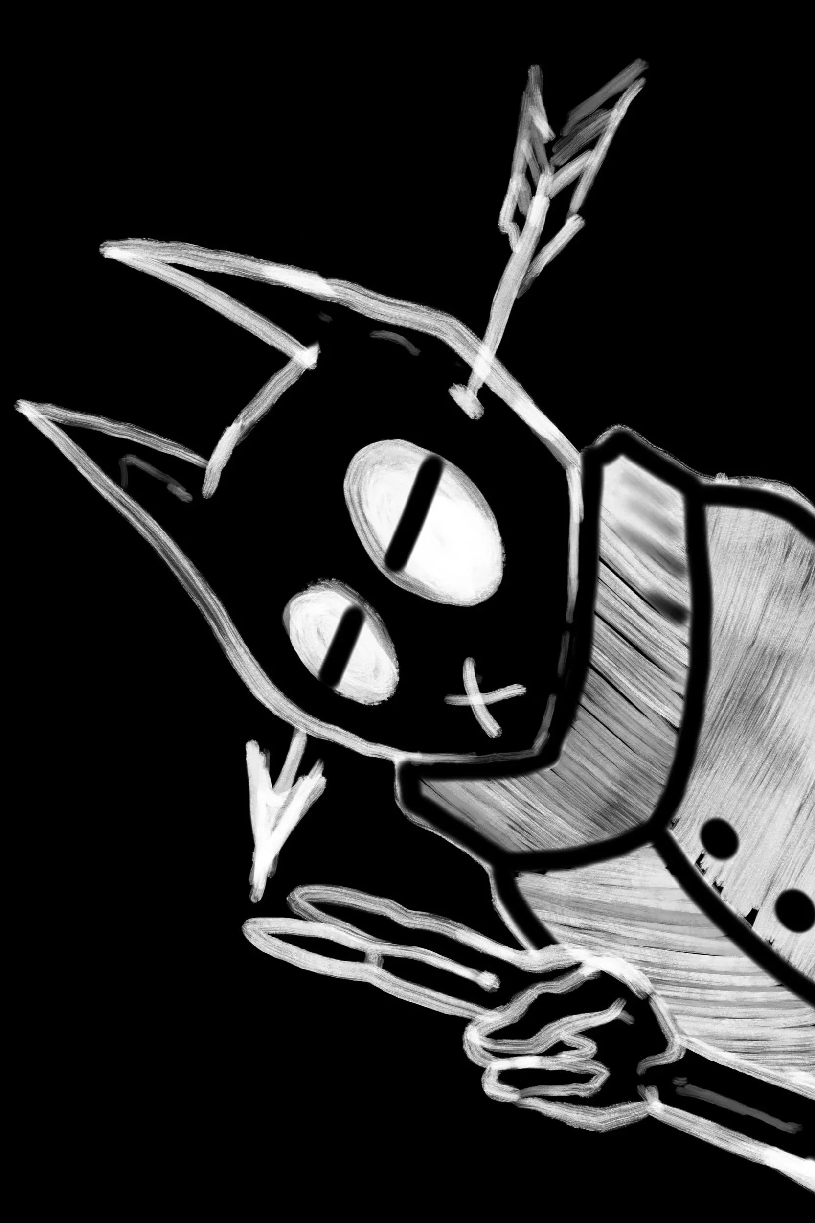 A black and white drawing of a small creature with large eyes, pointed ears, and an arrow in its head, being held by a human hand.