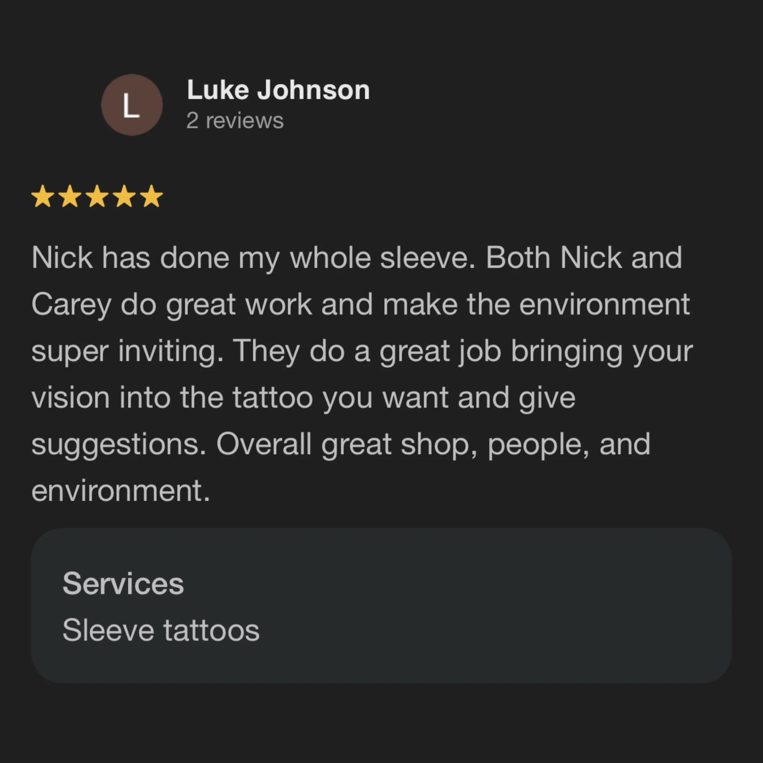 Online review for tattoo artist Nick, praising his work on sleeve tattoos, with five-star rating, reviewer Luke Johnson, and mention of services as sleeve tattoos.