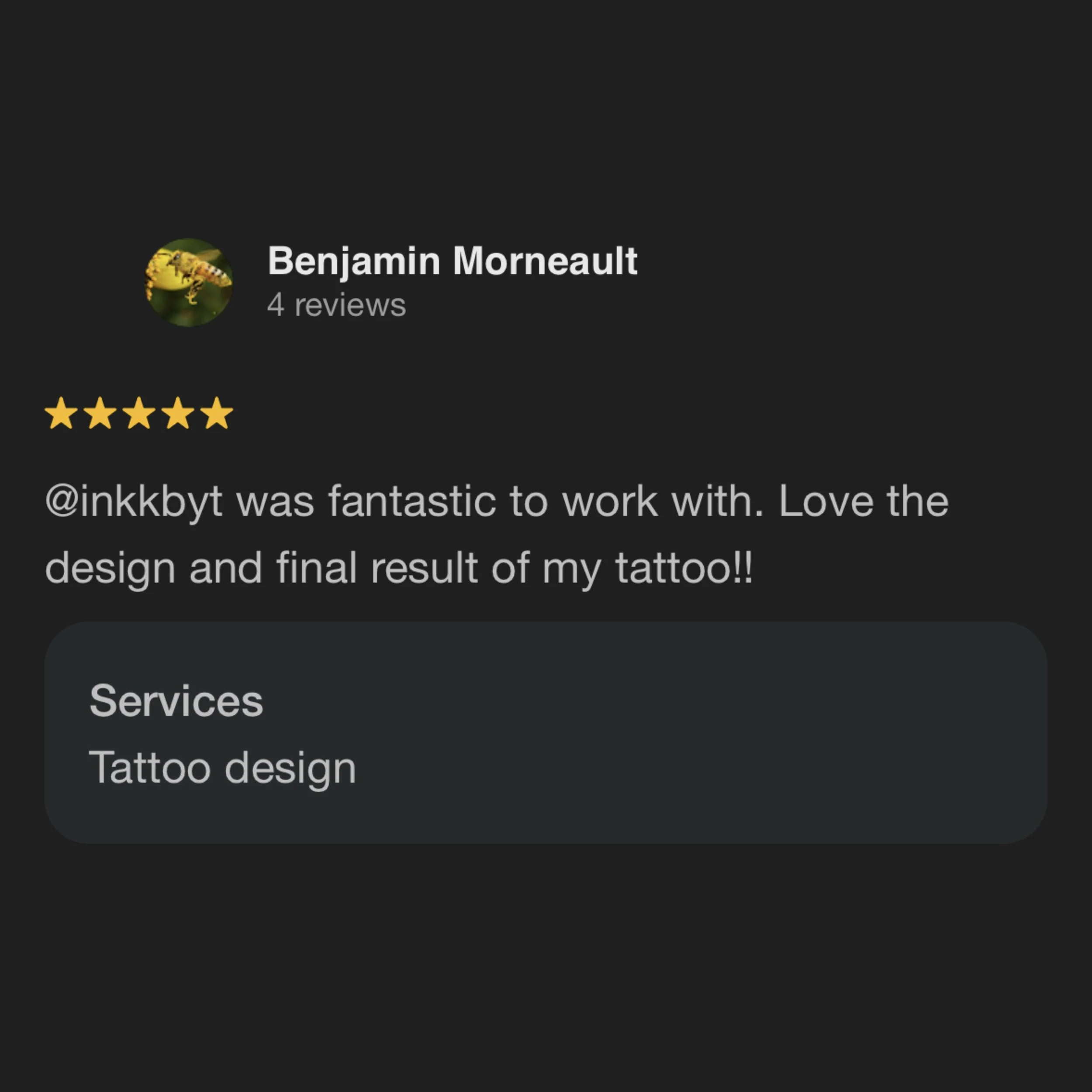 Screenshot of a customer review for tattoo design service, showing a five-star rating, a profile picture of a frog, the name Benjamin Morneault, and a testimonial about the tattoo design experience.