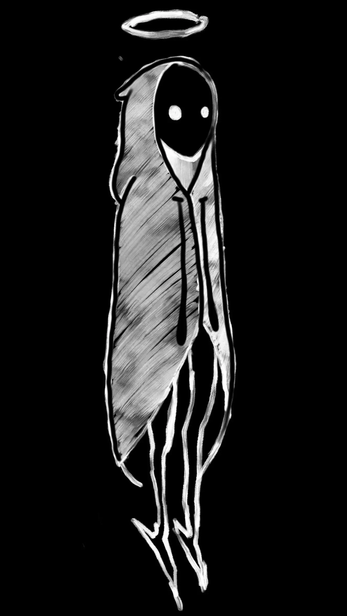 A black and white drawing of an angel with a halo, a dark face, and a long cloak, standing on a black background.