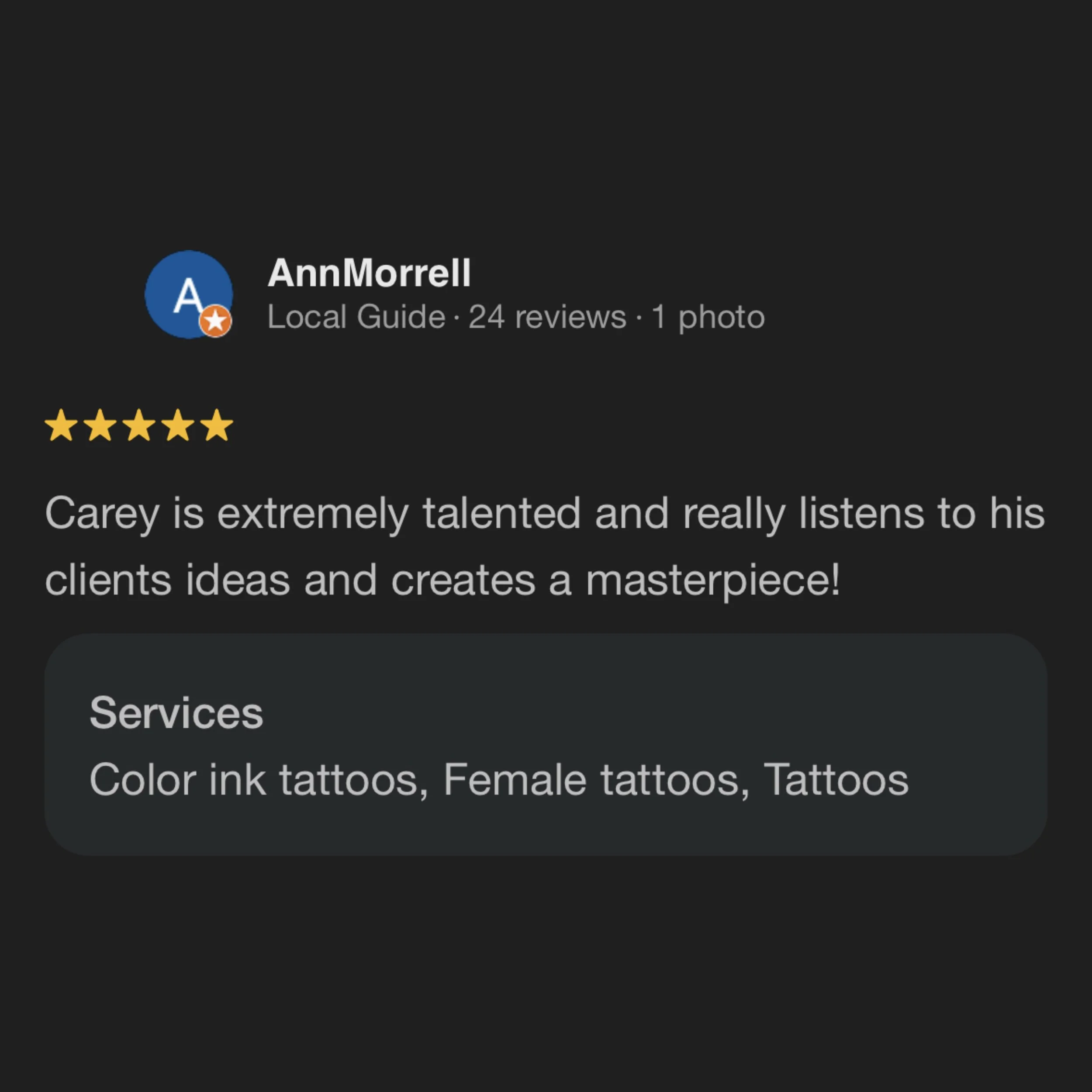 Screenshot of a Google reviews profile for Ann Morrell, a local guide with 24 reviews. The profile shows a 5-star rating and a review praising a person named Carey for his talent and listening skills. The services listed include color ink tattoos, female tattoos, and general tattoos.