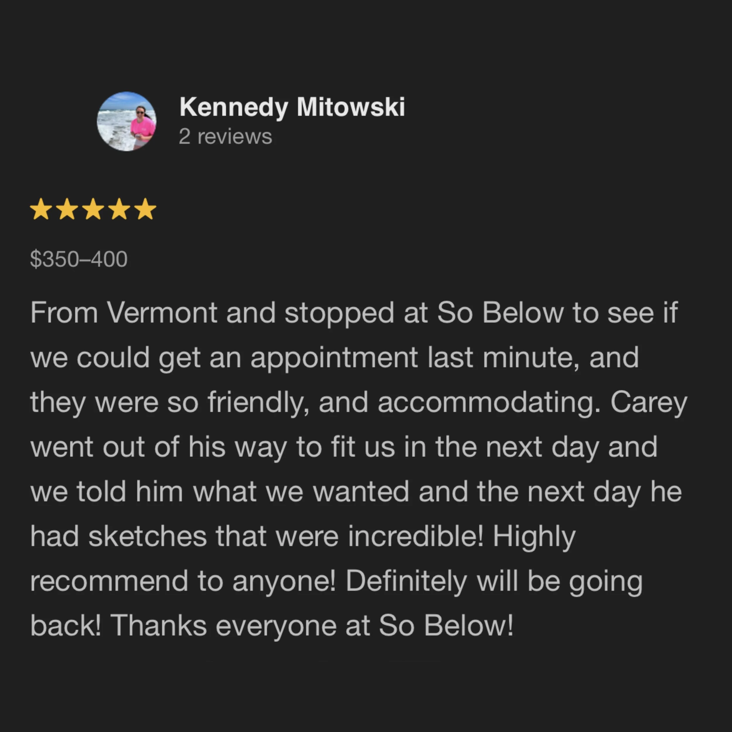 Screenshot of a Google reviews profile for Kennedy Mitowski with a 5-star rating and a review about their experience at So Below, mentioning friendly staff, helpful sketches, and a positive experience.