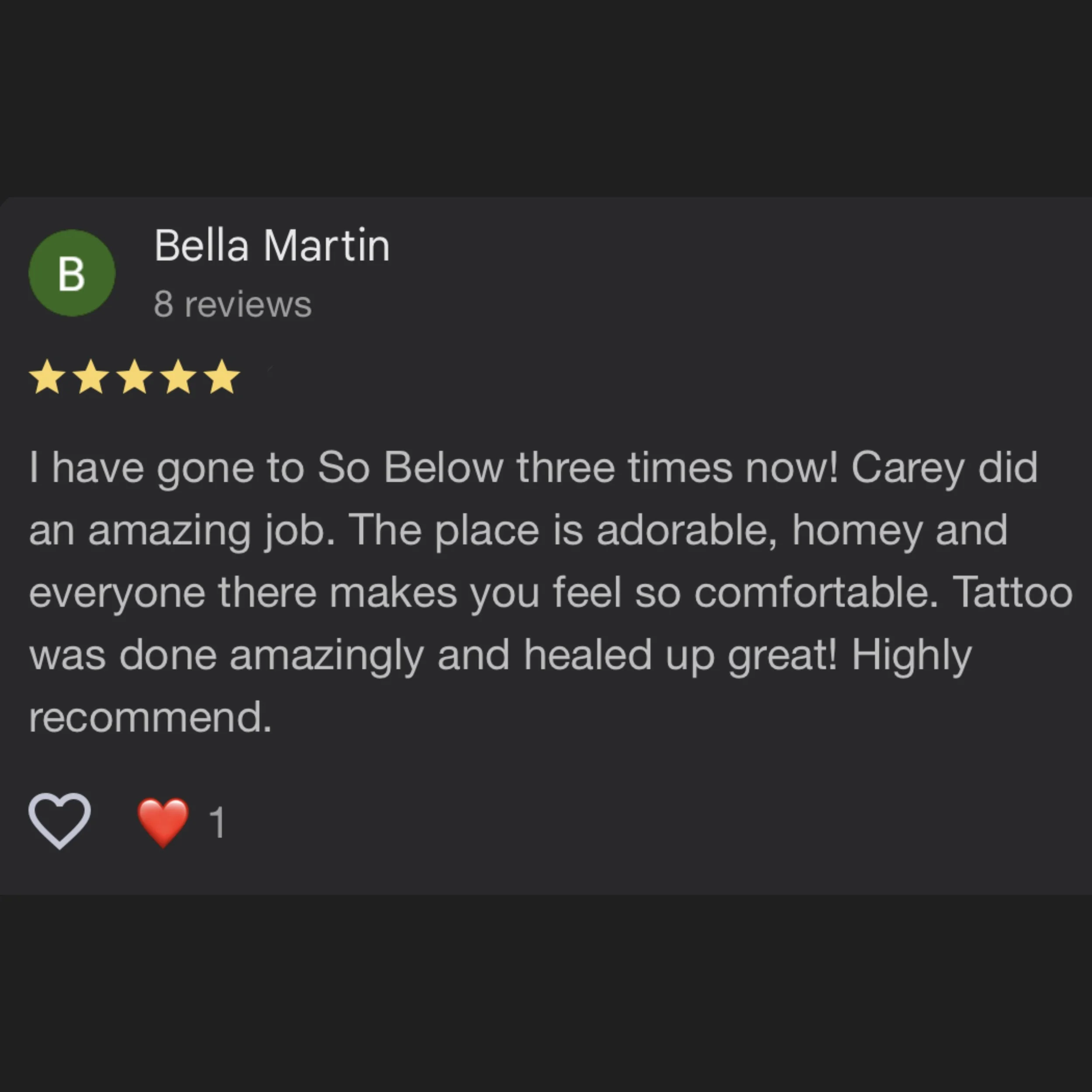 Review by Bella Martin praising her experience at So Below, with five-star rating, showing her positive comments about the staff and tattoo healing.