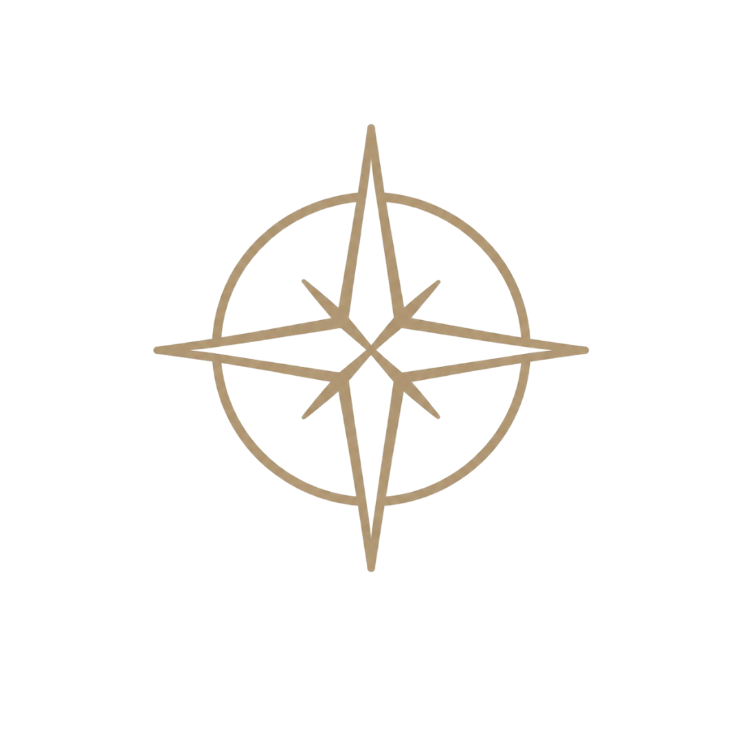 North Theory |  A beige-colored compass rose symbol on a black background.