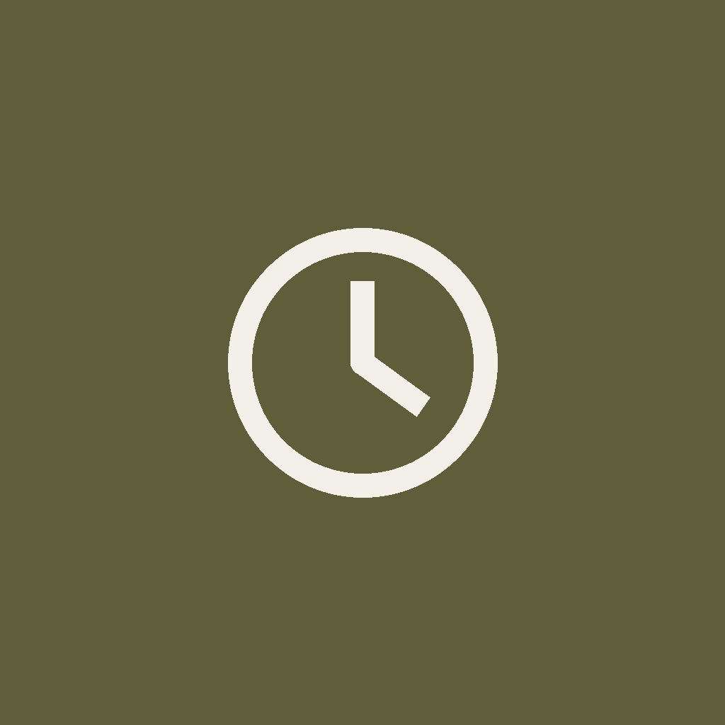 Clock icon on olive green background.