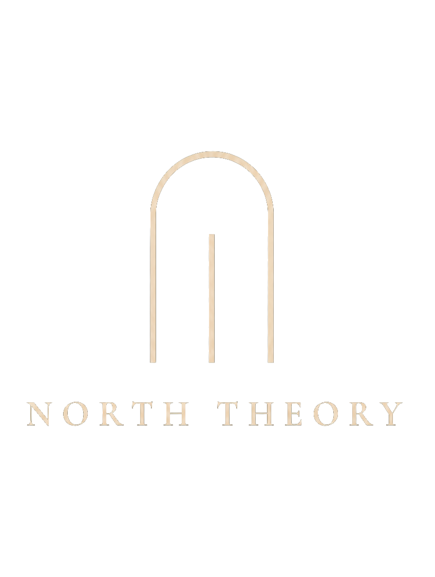 North Theory |  A black background with a minimalist logo featuring an arch and a vertical line inside it, and the words 'North Theory' below in beige text.