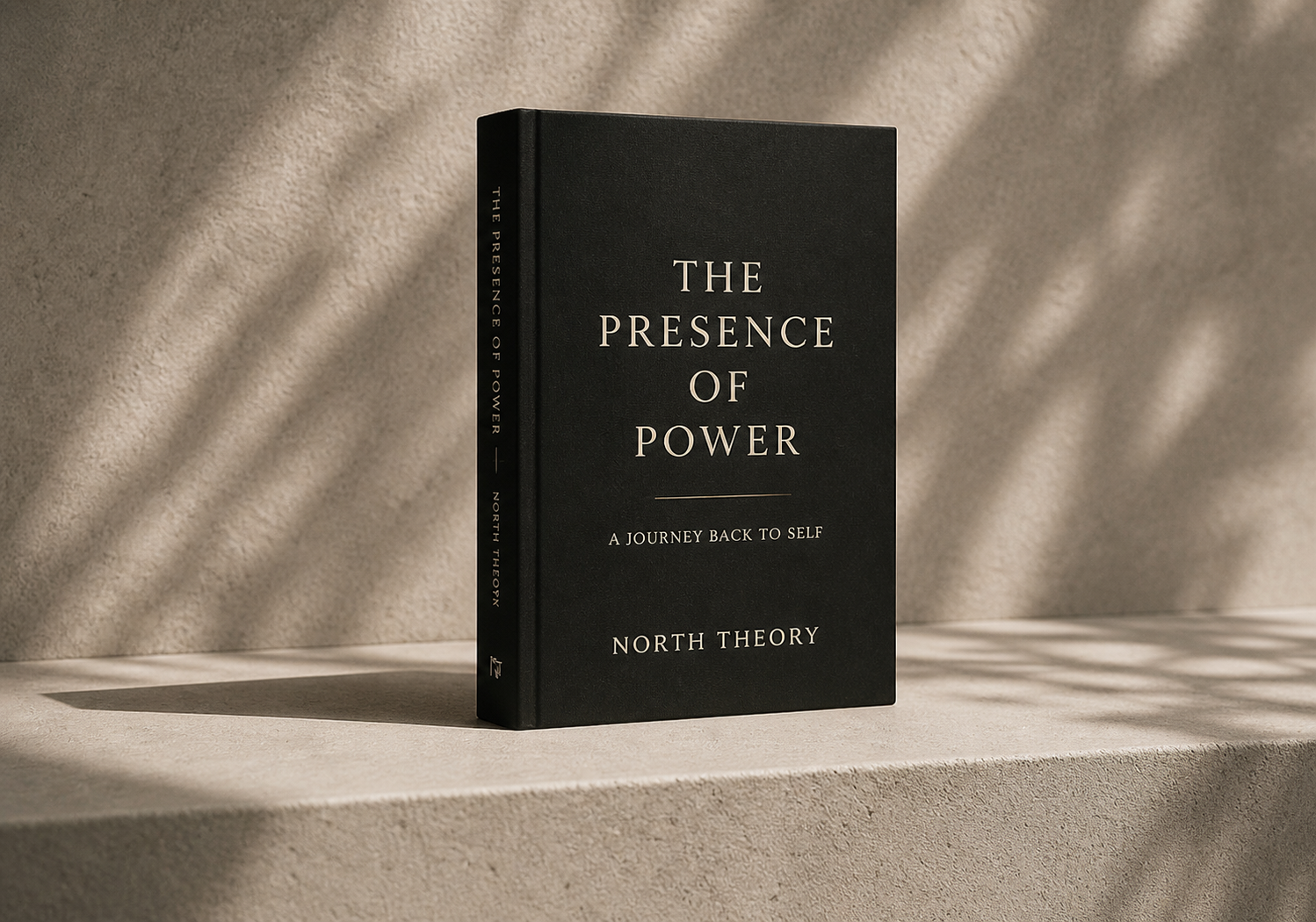 A black hardcover book titled 'The Presence of Power: A Journey Back to Self' by North Theory, standing on a textured beige surface with light and shadow creating a pattern behind it.