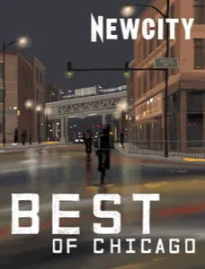 Nighttime city street scene with pedestrians, buildings, and a bridge overhead, captioned 'Newcity Best of Chicago'.