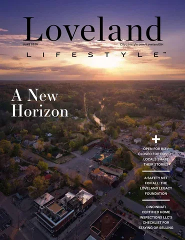 Aerial view of a small town at sunset with the text 'Loveland Lifestyle, A New Horizon' and articles about local business, COVID-19 impact, safety tips, and home inspections.