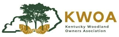 Logo for Kentucky Woodland Owners Association featuring an outline of Kentucky with trees and roots