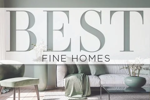 A modern living room with a sofa, a green blanket, a glass coffee table, and decorative planters, with the text "Best Fine Homes" in the background.