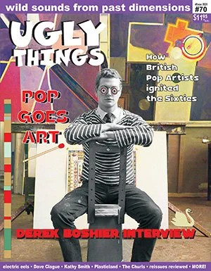 Cover of Ugly Things magazine featuring a black and white photo of a person with glasses and striped shirt sitting on a chair with arms crossed, background includes colorful geometric and abstract designs, and headlines such as "How British Pop Artis
