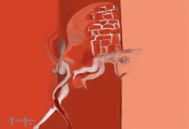 I STRIVE FOR CLARITY — a figure pushing toward a barrier