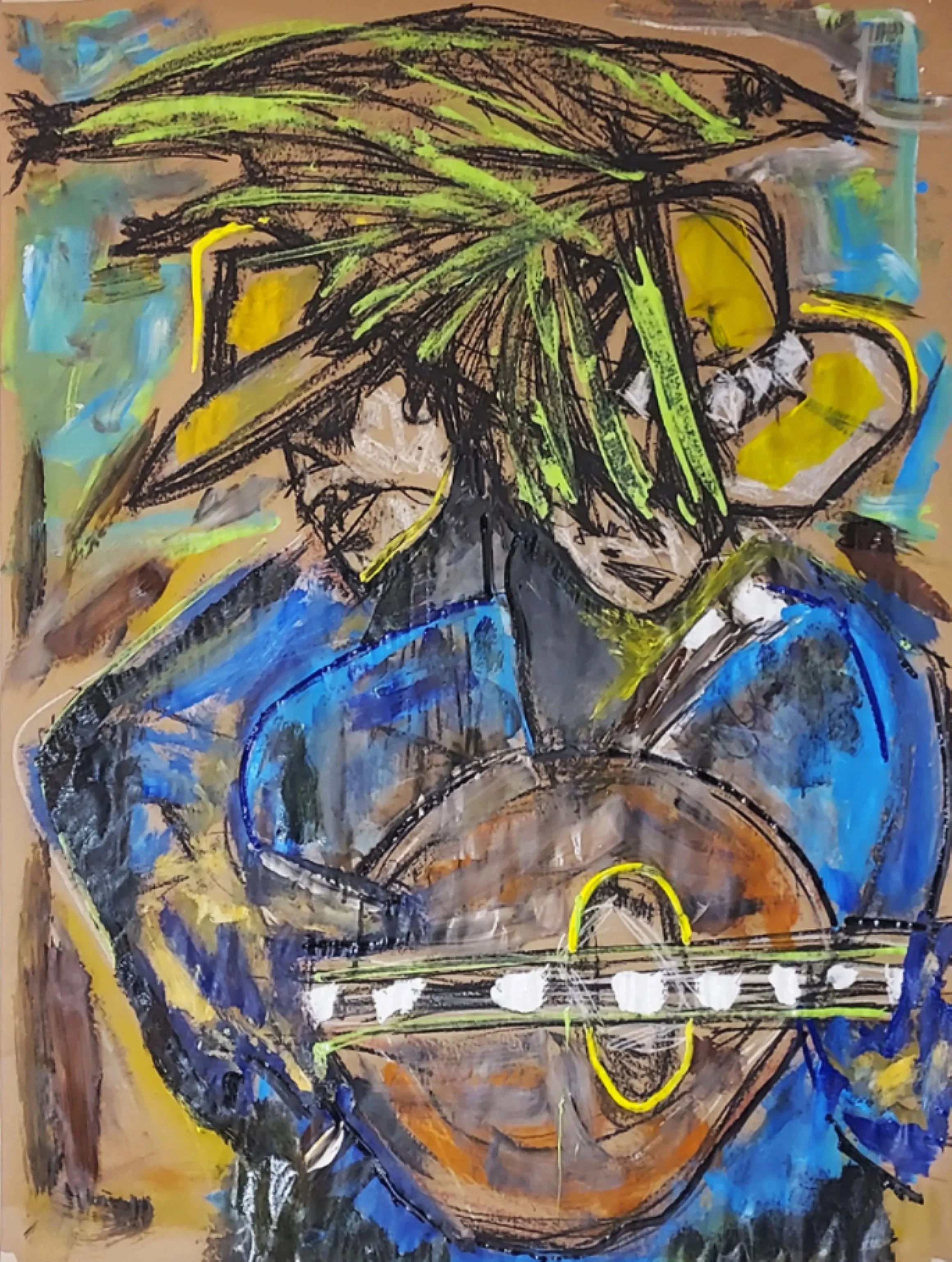 MASK WITH YELLOW INTERFERENCE — face disrupted by color and overlaid marks