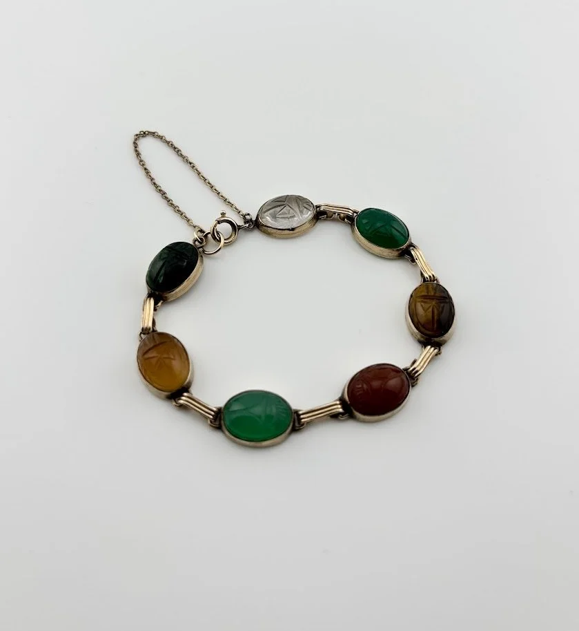 Mid-Century 12K Gold Filled Egyptian Revival Scarab Bracelet with Carved Gemstones