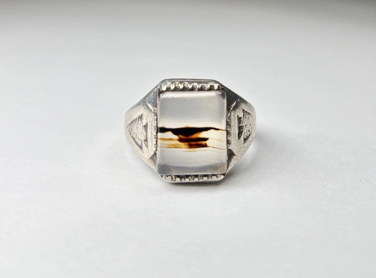 Handmade Southwestern Ring Featuring Landscape Agate and Stamped Arrowhead Motifs in Sterling Silver