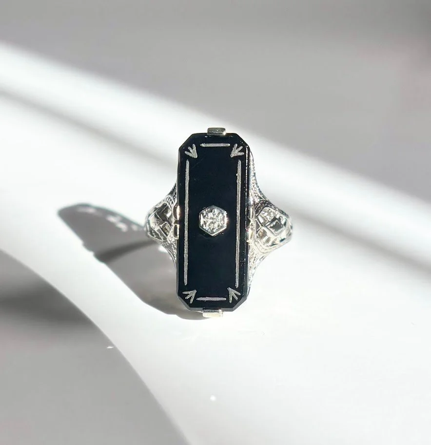 Bold Art Deco Onyx & Diamond Ring in 14K White Gold