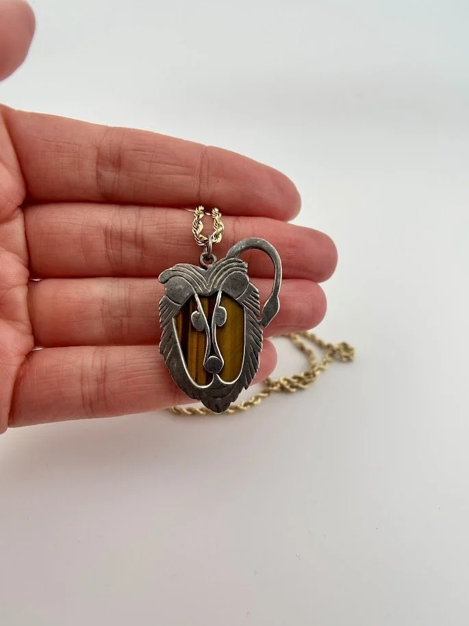 Mid-Century Lion Pendant Necklace in Tiger's Eye & Sterling Silver