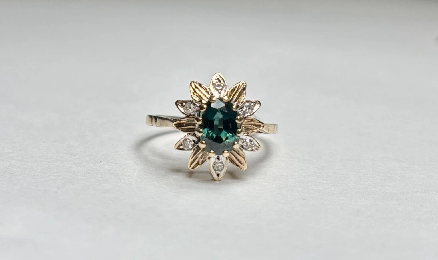 Mid-Century Synthetic Green Sapphire & Diamond Floral Cluster Ring in 9K Gold