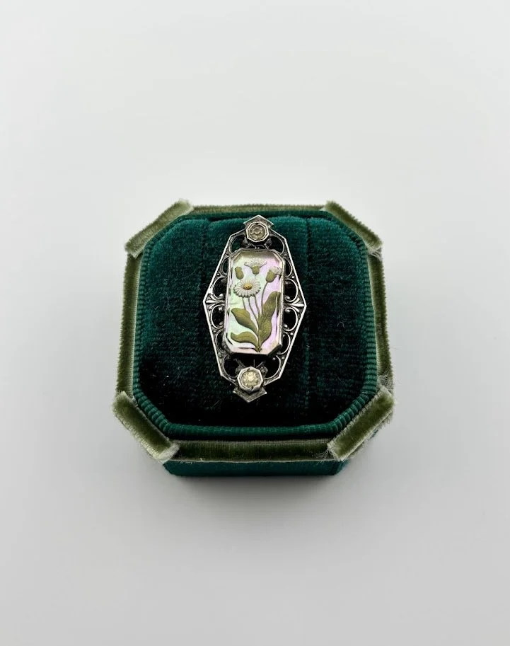 Art Deco Reverse Painted Essex Crystal Style Brooch with Mother of Pearl Backing