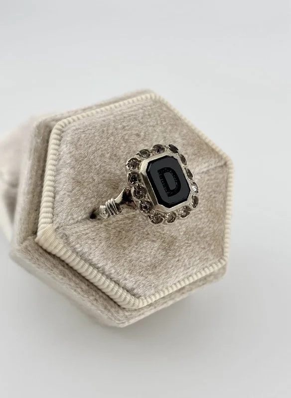 Art Deco Uncas Monogram Onyx & Paste Signet Ring in Sterling Silver