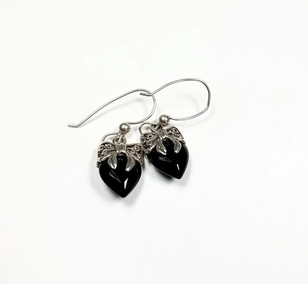 Vintage Onyx Heart and Sterling Silver Earrings with Bow Motif