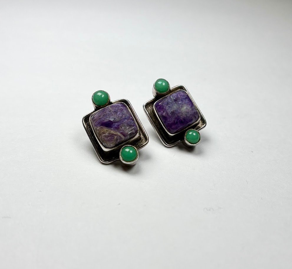Vintage Charoite and Chalcedony Geometric Stud Earrings in Sterling Silver