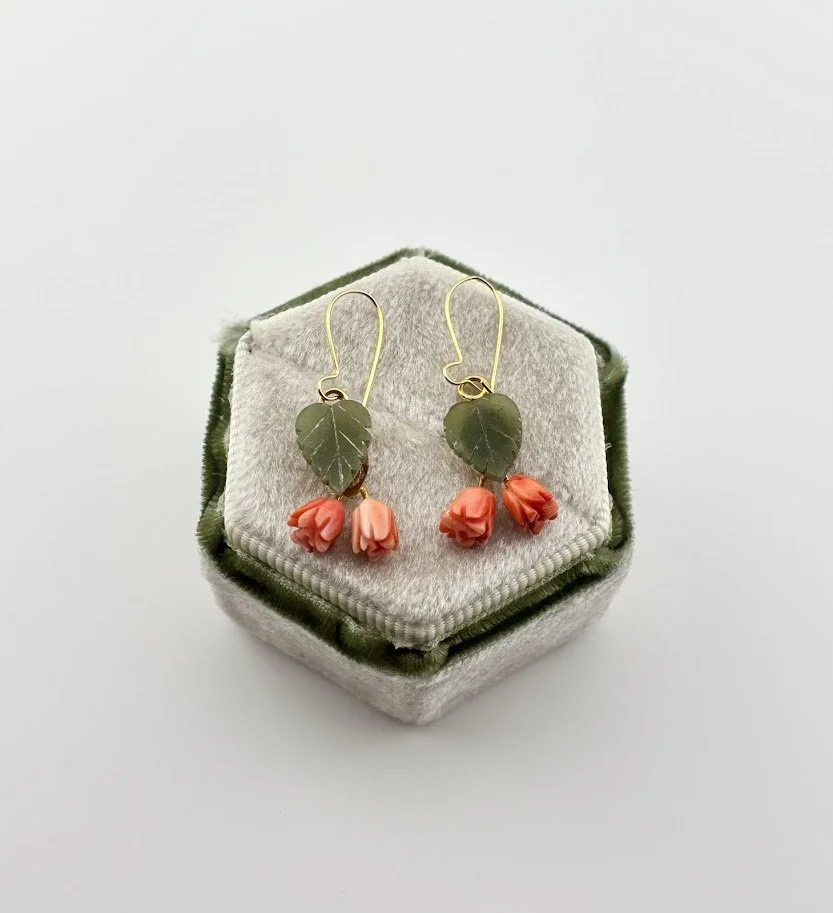 Vintage Angel Skin Coral and Carved Jade Floral Earrings on Gold Filled Wires