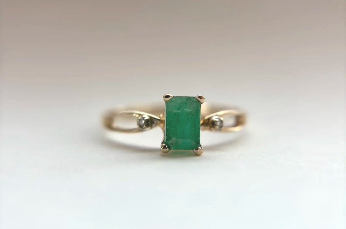 Emerald-Cut Emerald Solitaire with Diamonds and Openwork Shoulders in 10K Yellow Gold