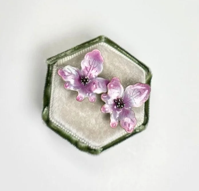 Mid-Century Purple Enamel Floral Earrings in Sterling Silver