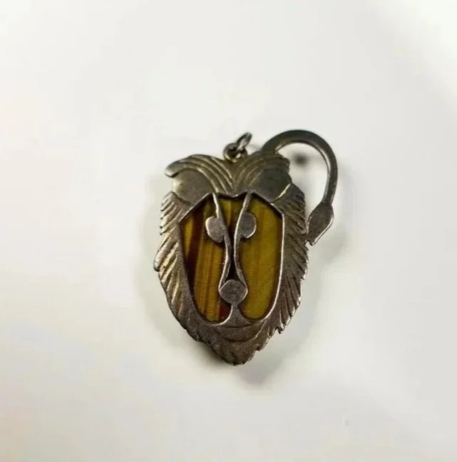 Mid-Century Lion Pendant in Tiger's Eye & Sterling Silver