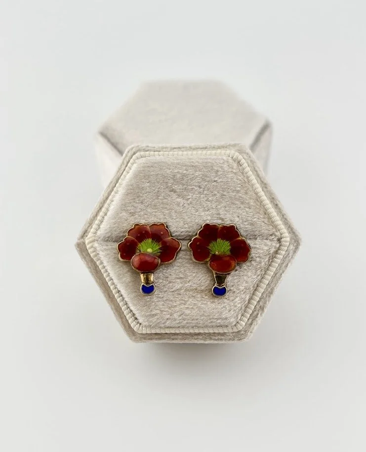 Vintage Enamel Flower Stud Earrings in Gold Washed Sterling Silver