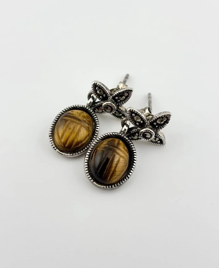 Mid-Century Tiger’s Eye Scarab & Marcasite Drop Earrings in Sterling Silver