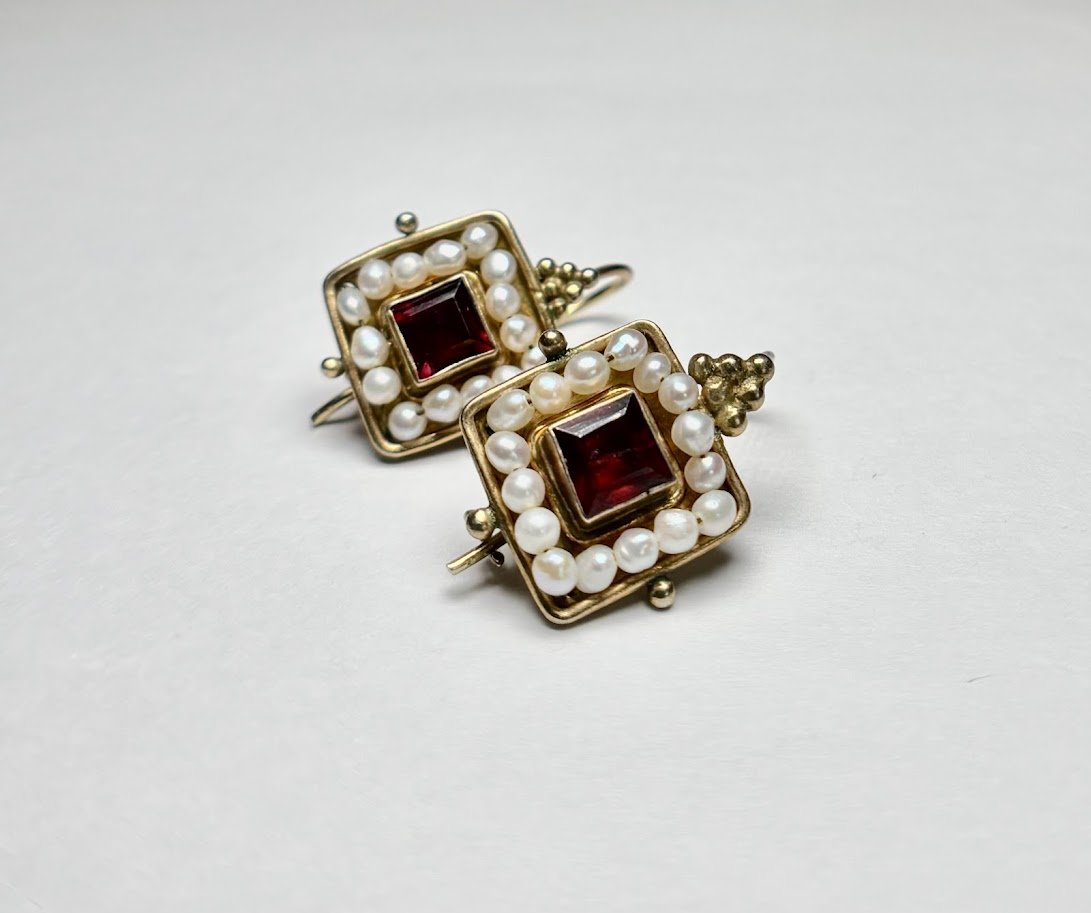Late Victorian Ruby Paste and Seed Pearl Earrings in Sterling Silver