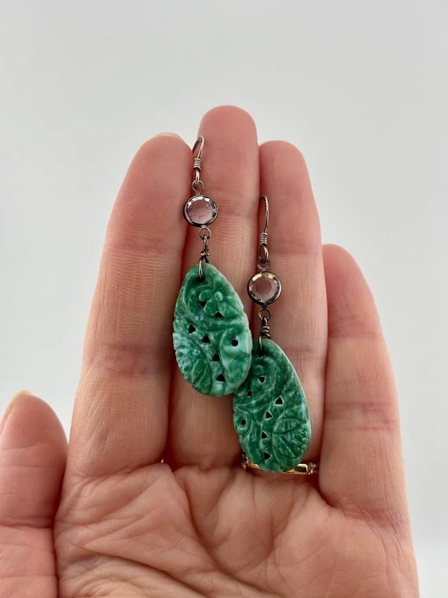 Mid-Century Hand Carved Peking Glass & Faceted Crystal Drop Earrings in Sterling Silver