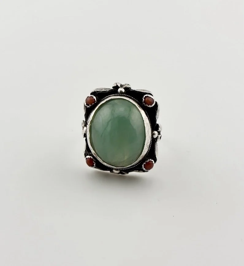 Vintage Nephrite Jade & Coral Ring in Handcrafted Sterling Silver