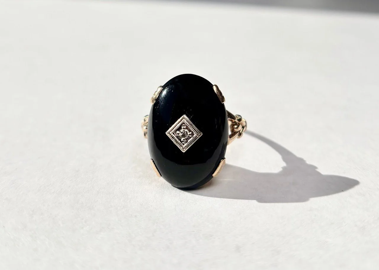 Mid-Century Onyx and Diamond Ring in 10K Yellow Gold